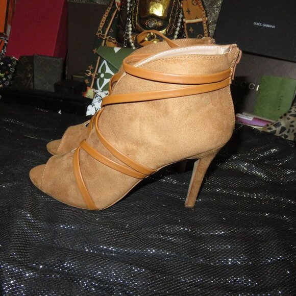 BOGO Tan Microsuede Faux Leather wrapped booties heels stilettos size 7.5 - Picture 1 of 15
